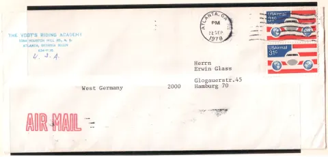 Vogt's Riding Academy airmail cover – Plane and Globes pair