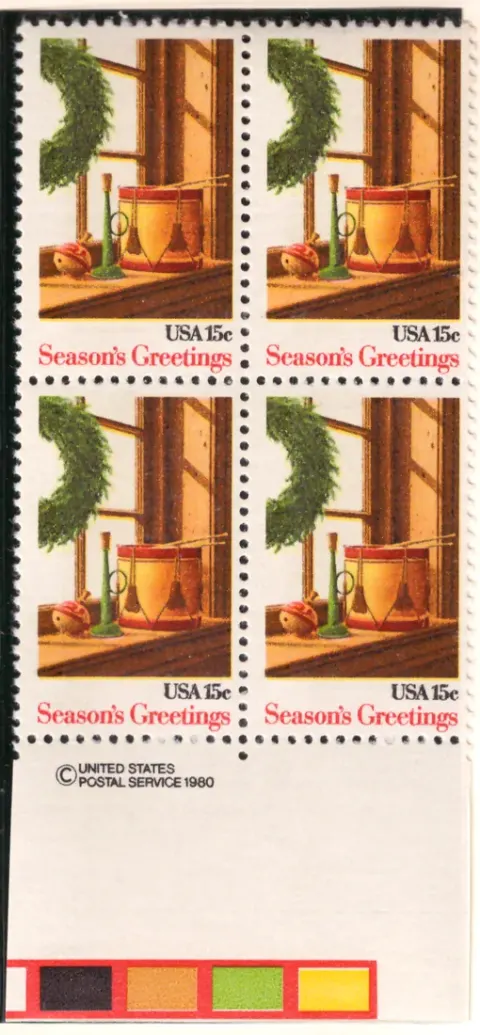 Season's Greetings – block of four with lower copyright and color-control selvage